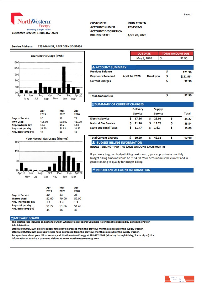 USA NorthWestern Energy utility bill template in Word and PDF format, version 1